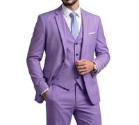 YND Men's Slim Fit 3 Piece Suit Set with Stretch Fabric, One Button Solid Blazer Vest Pants with Tie, Purple, M
