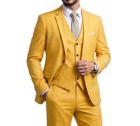YND Men's Slim Fit 3 Piece Suit Set with Stretch Fabric, One Button Solid Blazer Vest Pants with Tie, Yellow, XS