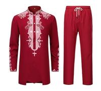 YND Men's Tribal Dashiki Set, West African Traditional Henley Shirt with Pants - red - Large