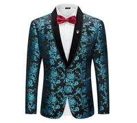 YND Men's Velvet Floral Blazer, One Button Tuxedo Jacket, Shawl Lapel Suit Coat for Dinner Prom Party Wedding, Blue, XL