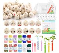YnewL 122 Piece Worry Worry Worms Crochet Set, 60 Wooden Beads with Face 20 mm, with 12 Colours Wool, Organza Bag, Key Ring and Cards for DIY Lucky Worms Craft Keyring