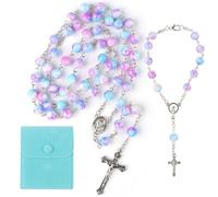YnewL Pack of 2 Purple Blue Rosary Catholic, Rosary Bracelets and Necklace Foundation Gifts Girls, Faux Pearl Rosary Chain with Velvet Gift Bag, Christening Communion Wedding/Party