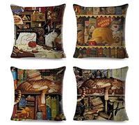 YNGBAAO Pack of 4 Cushion Covers Cute Library Cat Square Cotton and Linen with Invisible Zipper Double Sided Printing Decorative Pillow Cases for Sofa Couch Car Indoor Outdoor Decor 50x50cm 20x20inch