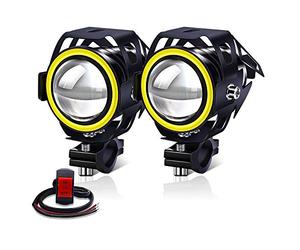 YnGia 2PCS U7 Motorcycle Driving Fog Light with Amber Halo, Waterproof Motorcycle Led Auxiliary DRL Stable Beam Led Spotlights with 3 Wires Switch 12V 24V for Motorbike Quad Scooter