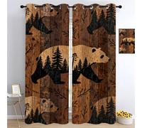 YNIOFU Bear Eyelet Curtains, Forest Thermal Insulated Drapes, Wood Texture Living Room Blackout Curtains, Nordic Forest Style Print Bedroom Window Drapes W 132 x L 183cm 2 Panels