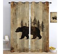 YNIOFU Bear Eyelet Curtains, Wood Grain Background Thermal Insulated Drapes, Animal Silhouette Living Room Blackout Curtains, Hunting Theme Print Bedroom Window Drapes W 132 x L 183cm 2 Panels