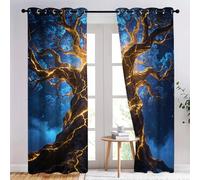 YNIOFU Big Tree Thermal Insulated Drape, Glowing Divine Tree Ring Top Blackout Curtains, Starry Sky Drapes W60 x L140cm 2 Panels, Illustration style Eyelet Darkening Curtain for Boys Girl Bedroom