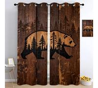 YNIOFU Forest Eyelet Curtains, Bear Thermal Insulated Drapes, Wood Texture Living Room Blackout Curtains, Wildlife Print Bedroom Window Drapes W 132 x L 183cm 2 Panels