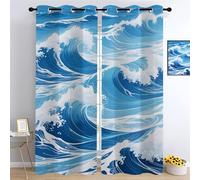 YNIOFU Japanese Style Living Room Blackout Curtain, Waves Thermal Insulated Window Drapes, Blue Ocean Bedroom Curtains, Wave Style Printed Curtain W 107 x L 214cm 2 Panels