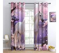 YNIOFU Japanese style Living Room Blackout Curtain,White horse Printed Curtains, Cherry blossoms Bedroom Window Drapes, Pink flowers Treatment Sunlight Blocking Drapes W117 x L230cm 2 Panels
