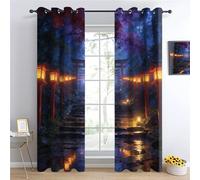 YNIOFU Japanese Style Thermal Insulated Drape, Torii Gate Ring Top Blackout Curtains, Mysterious Path Drapes W60 x L140cm 2 Panels, Comic Style Eyelet Darkening Curtain for Boys Girl Bedroom