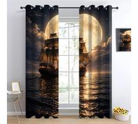 YNIOFU Sailing Ship Living Room Blackout Curtains, Moonlit Sailing Ship Insulated Curtain, Sailing Age Drapes W117 x L138cm 2 Panels, Romanticism Eyelet Room Darkening Curtains for Bedroom