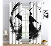 YNIOFU Swordsman Blackout Curtains, Samurai Wielding Sword Bedroom Printed Curtains, Black Silhouette Thermal Curtain W132 x L160cm 2 Panels, Minimalism Eyelet Drapes for Living Nursary