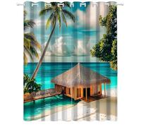 YNIOFU Thermal Insulated Blackout Curtains Tropical Ocean Island Hawaii Wooden House Pattern Printed Noise Reducing Energy Efficient Curtains, Drapes for Bedroom, Kids Nursery W 96x L 183cm x2
