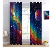 YNIOFU Thermal Insulated Ring Top Blackout Curtains Stars Twinkling Universe Planet Outer Space Pattern 2 Panels Energy Saving Eyelet Darkening Curtains for Boys Girl Bedroom,W 60x L 140cm x2