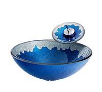 YNIYUJKL Bathroom Vessel Sink, Bathroom Sink And Faucet Combo, Artistic Tempered Glass Vessel Sink Basin Washing Bowl Set, Cabinet Countertop Sink With Faucet Pop-Up Drain An,Blue-waterfall