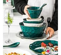 YNIYUJKL Classic 52 Pcs Dinnerware Sets, Nordic Style Bone Porcelain Tableware Set With Plates Dish And Bowls, Green White Ceramic Dinner Set With Gold Rim For Home Kitchen