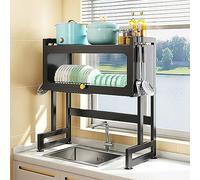 YNIYUJKL Dish Drainers Over The Sink Dish Drying Rack, 2 Tier Over Sink Drainer Rack With Visual Cabinet, Dish Drainer Organizer Shelf With Utensil Holder & Hooks For Ki,Black-75cm