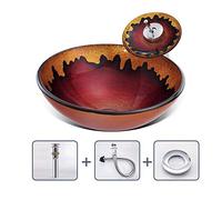 YNIYUJKL Rock Texture Vessel Sink Tempered Glass Above Counter Round Bathroom Washing Basin Combo With Waterfall Faucet, Decorative Lavatory Bowl For Home Hotel Balcony, 16.5,Red-A
