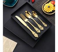 YNIYUJKL Silverware Flatware Set, 4/16/24/32/40/48 Pieces 304 Palace Series Tableware Stainless Steel Knife, Fork And Spoon Retro Embossed Tableware Set,Gold-4Set-16Pcs