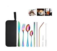 YNIYUJKL Silverware Flatware Set, 8/32/48/64/80/96 Piece Stainless Steel Portable Tableware Set Outdoor Picnic Knife, Fork, Spoon, Chopsticks And Straws 8-Piece Set Fami,Rainbow-64 Piece set for 8