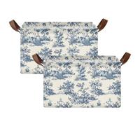 YNNALE French Style Blue Vintage Country Storage Bins for Shelves with Labels&Handles Fabric Organizer Bin Foldable Rectangle Storage Basket Boxes for Closet, Bathroom, Home, Living Room, 2 Pack