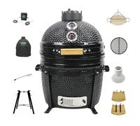 YNNI KAMADO TQTT15BLN 15.7" Free Standing Kamado with Trolley and Side Tables Grill, BLACK, BBQ, Ceramic, Egg, Smoker, Bundle with Extras TQTT15BLN