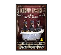 YNRBGDFR Vintage Doberman Pinscher Metal Tin Sign,Bath Soap Wash Your Paws,Retro Wall Art Decor for Home Bathroom Cafe-8x12inch-Metal Frame