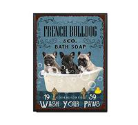YNRBGDFR Vintage French Bulldog Metal Tin Sign,Bath Soap Wash Your Paws,Retro Wall Art Decor for Home Bathroom Cafe-12x16inch-Metal Frame
