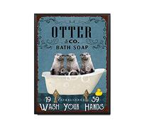 YNRBGDFR Vintage Otter Metal Tin Sign,Bath Soap Wash Your Hands,Retro Wall Art Decor for Home Bathroom Cafe-12x16inch-Metal Frame