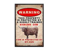 YNRBGDFR Vintage Tin Sign Warning Highland Cow Cow is Protected by My Gun Me Metal Tin Signs for Home Farm Retro Wall Decor-8x12inch-Metal Frame