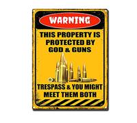 YNRBGDFR Warning Tin Sign Retro Metal Signs Funny Decorative Signs Vintage Home Outdoor Decor - This Property is Protected by God Guns Trespass You Might Meet Them Both 12X16inch-Tin Sign