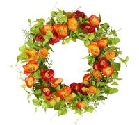 YNYLCHMX 18" Spring Summer Wreaths for Front Door, Artificial Floral Wreath with Poppy Flowers Green Tea Leaves, Green Foliage Wreath for Wall Window Farmhouse Party Holiday Home Decor