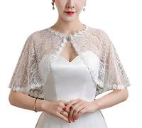 YO-HAPPY Wedding Shawl Lace Material, Floral Pattern, Open Front, Shiny Rhinestone Flower Buckle, One Size, White