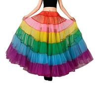 YO-HAPPY Women Skirt, Multicolored Rainbow A-Line Maxi Tutu Skirt Pleated Floor Length Mesh Petticoat