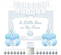 YO PERREO SOLA Bun in the Oven 1st Birthday Decorations Set, Blue Gingham Baby Shower Party Decor Kit with WELCOME BABY Banner, A Little Bun in the Oven Backdrop for Baby Shower Party Supplies
