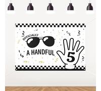 YO PERREO SOLA Officially A Handful 5th Birthday Backdrop 5x3ft Checkered and Sunglasses Theme Party Background Decor for Kids Fifth Birthday Photo Booth Wall Celebration Supplies