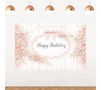 YO PERREO SOLA Pink Floral Happy Birthday Backdrop 5x3ft Pink Roses Bow Striped Birthday Photo Background Banner for Girls Birthday Party Supplies