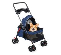 yoakaiax Pet Travel Stroller Dog Cat Pushchair Pram, Pet Pram for Small Medium Dogs Cats Foldable Travel Carriage with 4 Wheels, Dog Buggy with Cup Holder, Up to 330lb Blue