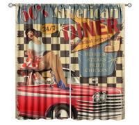 Yoakiet Retro Car Blackout Curtains,Rustic Vintage Cars Route 66 Kitchen Restaurant Burger Beer Cafe Logo Red Car Print Rod Pocket Window Treatments Drapes for Bedroom Kitchen Living Room 42x63in