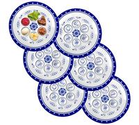 Yoande 6 Pcs Pesach Round Passover Plate 10'' Renaissance Passover Seder Plate Melamine Blue and White Artistic Round Seder Tray with Symbolic Seder Food in Hebrew English for Table Decorations Dinner