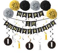 Yoaokiy 1 Year Anniversary Decorations Kit, 1st Wedding Anniversary Banner Party Decorations Suppilies - Including Gold Glitter Happy 1th Anniversary Banner / 9Pcs Sparkling 1 Hanging Swirl /6Pcs Poms