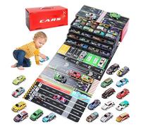 YOAOSER 48 Mini Pull-Back Cars with Built-in Garage Set,48PCS Die-Cast Alloy Racing Car Toys,Friction Powered Vehicles with Storage Box & Play Mat,Bulk Mental Trucks Toy for Kids Boys and Girls (Red)