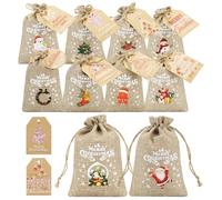 Yocdunm 10 Christmas Burlap Gift Bags with 10 Present Gift Tags, Drawstring Small Bags for Christmas Treat Small Bags