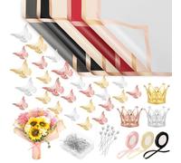Yocdunm 122 Pcs Floral Wrapping Paper Kit Waterproof Floral Wrapping Paper Florist Supplies with Butterfly Decoration Crowns Ribbons Bouquet Pin Glue for DIY Craft (Stylish)