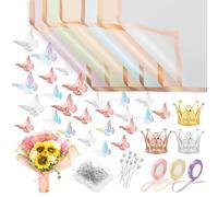 Yocdunm 122 Pcs Floral Wrapping Paper Kit Waterproof Floral Wrapping Paper Florist Supplies with Butterfly Decoration Crowns Ribbons Bouquet Pin Glue for DIY Craft (Pastel)