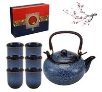 Yocdunm Japanese Porcelain Tea Set for 6, 650ml Blue Ceramic Teapot with Gift Box,Kiln Glaze Chinese Teapot for Adults Tea Lovers Men Women Gift