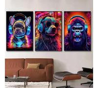 Yocheng 3 Animal Monkey Dog Headphone Dj Music Poster Canvas Print Painting Record Playing Music Picture Internet Bar Room Decor 30x40cmx3 No Frame