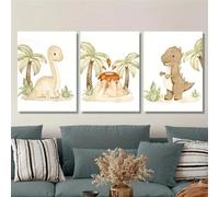 Yocheng 3pcs Canvas Print Decorative Painting, Watercolor Style Palm Dinosaur Print, Cartoon Animal Dinosaur Volcano 30x40cmx3 No Frame