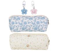 YOCHLEY 2 Pcs Floral Pencil Case, Cute Pencil Case and 2 Pcs Flower Keychain, Cotton Flower Pencil Bag Girls Pencil Cases Makeup Pencil Bag for Student Stationery Storage (Blue Flowers + Red Flowers)